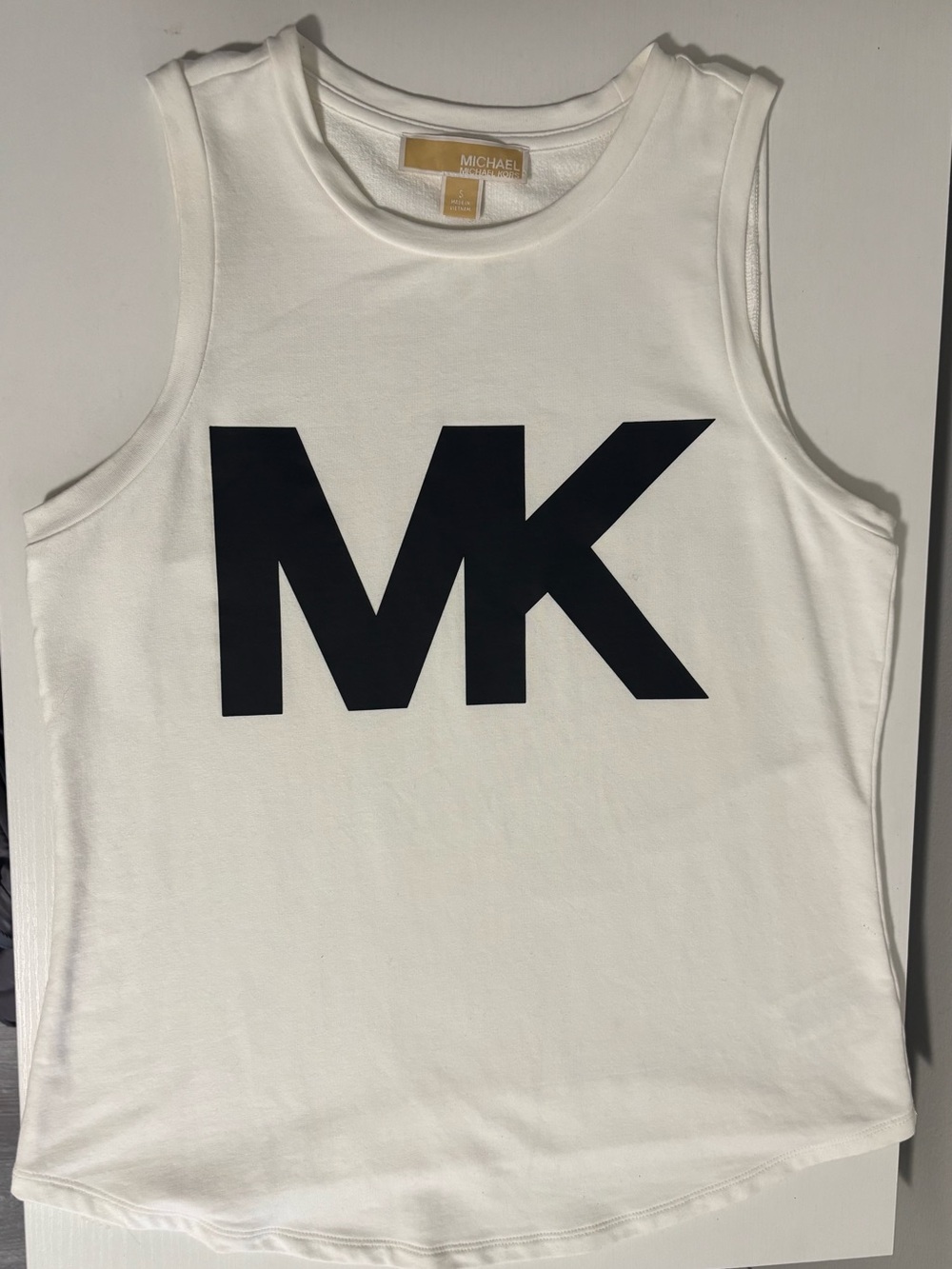 Michael Kors Women's S White Knit Crew Neck Tank Top Black MK Logo